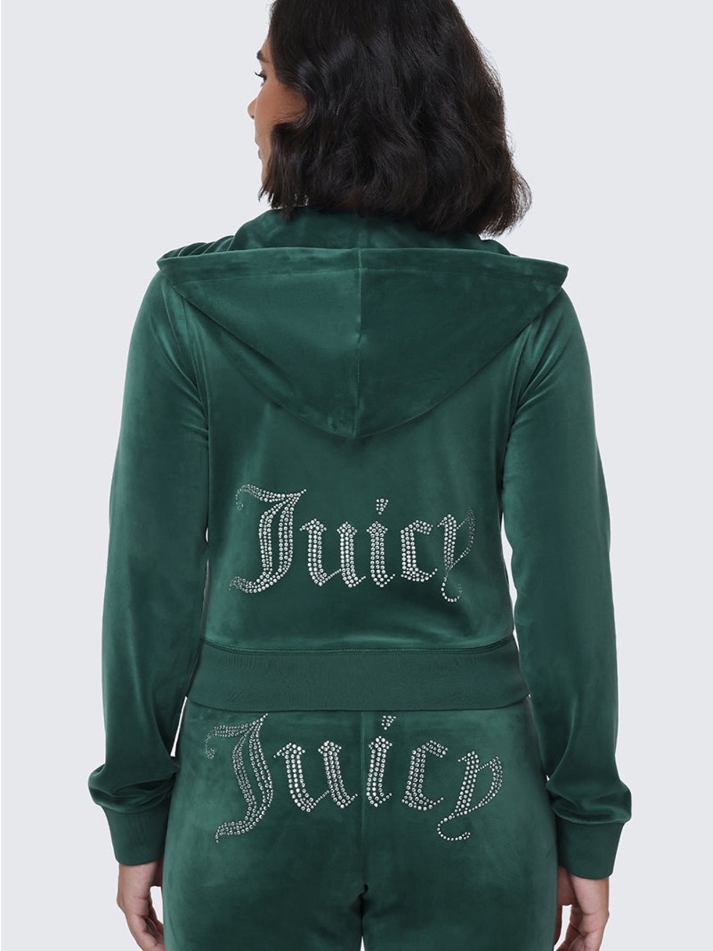 Juicy Couture Dark Green Velour Rhinestone-Logo Hoodie